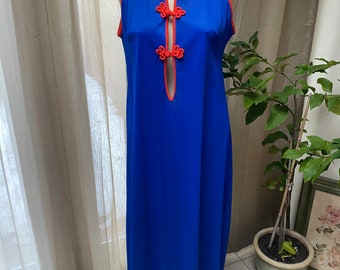 Vintage blue orange Asian inspired long night gown S, Oriental look bright colors long night gown, blue lingerie, blue night gown S