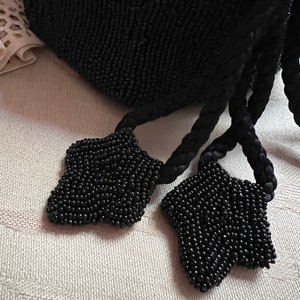 Vintage black seed bead pouch evening bag, made France black bead drawstring pouch bag, black seed bead French drawstring evening purse image 7