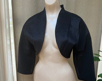 Vintage silk look/feel black bolero top M, Jessica McClintock black cropped evening top M, black dressy satiny bolero M, shoulder cover