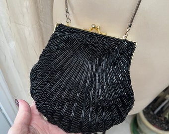 Vintage black beaded chain strap shoulder purse, black evening black beaded shell shaped purse, black prom purse, formal black beaded bag