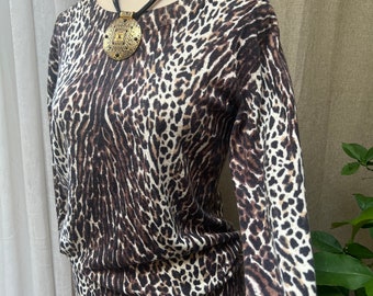 Vintage J Crew animal print pullover sweater S, leopard print merino wool pullover sweater S, soft merino wool distressed animal print top S
