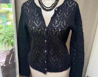 Vintage black mohair acrylic open weave cardigan sweater S, fuzzy mohair black cardigan sweater S,, black cardigan S