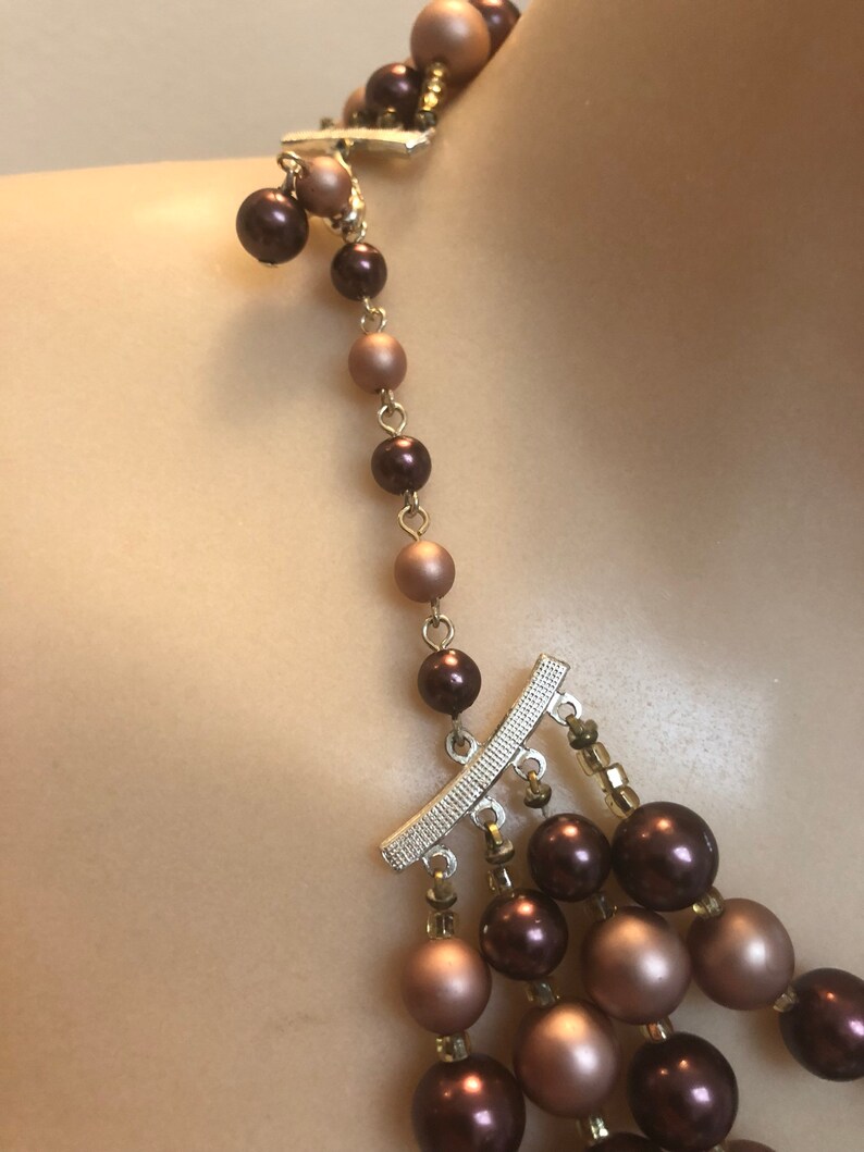 retro brown copper beads multi strand autumn colors bead necklace cluster earrings Vintage 4 strand coppery plum mauve cascading necklace