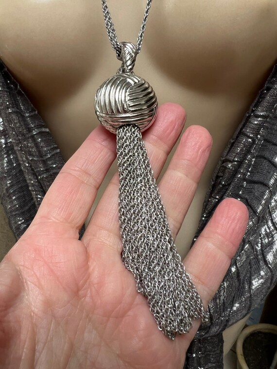 Vintage bold silver plate chain tassel necklace, silv… Gem
