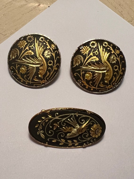 Damascene clip earrings pin set, round Damascene c