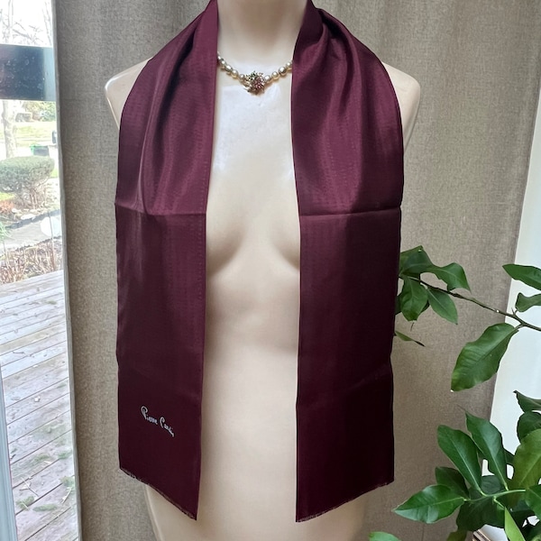 Vintage Pierre Cardin unisex dark burgundy silk narrow scarf, 50" Cardin silk narrow coat liner scarf, made Italy Pierre Cardin silk scarf