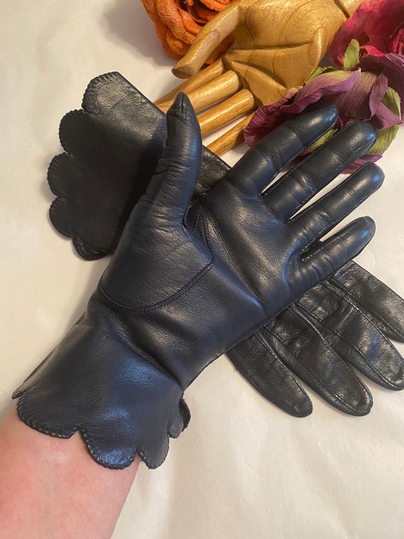 Vintage ink blue leather above wrist gloves sz 7, 