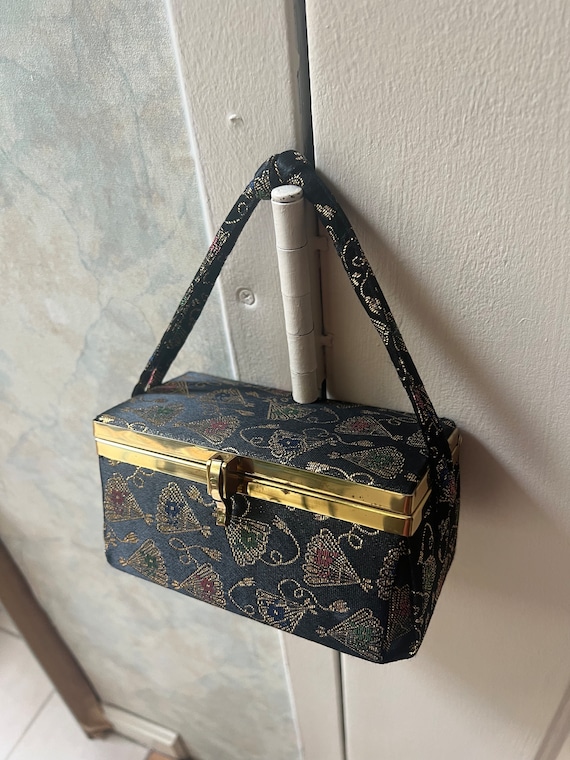 Vintage boxy Oriental fans pattern boxy handbag, … - image 4