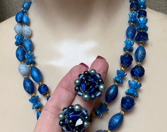 Vintage cobalt blue 40" bead necklace, blue bead necklace clip earrings set, blue shades multi beads 40" strand, blue jewelry set