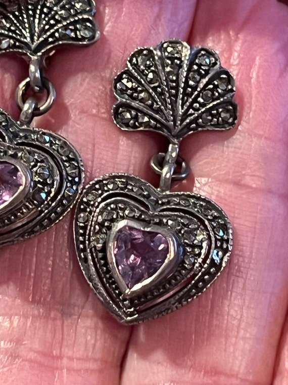 Vintage small sterling marcasite amethyst heart e… - image 4