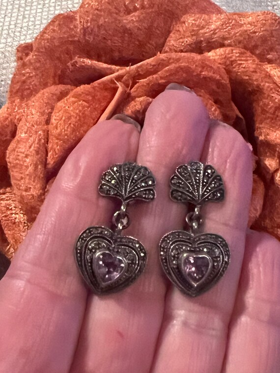 Vintage small sterling marcasite amethyst heart e… - image 7