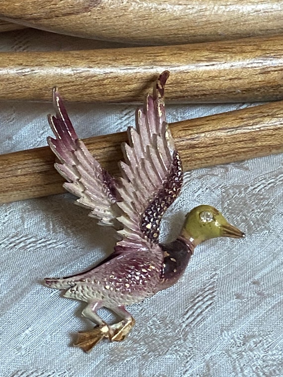 Vintage Mamselle flying duck brooch, brown mauve … - image 6