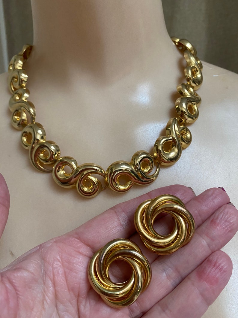 Vintage Swirling Gold Plated Necklace Earrings Set Pierce Etsy