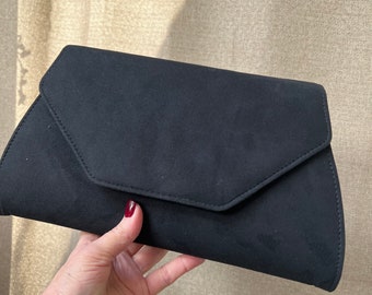 Vintage black suede shoulder/clutch purse, black suede bag formal/casual, larger black suede dressy purse, black suede occasionl handbag