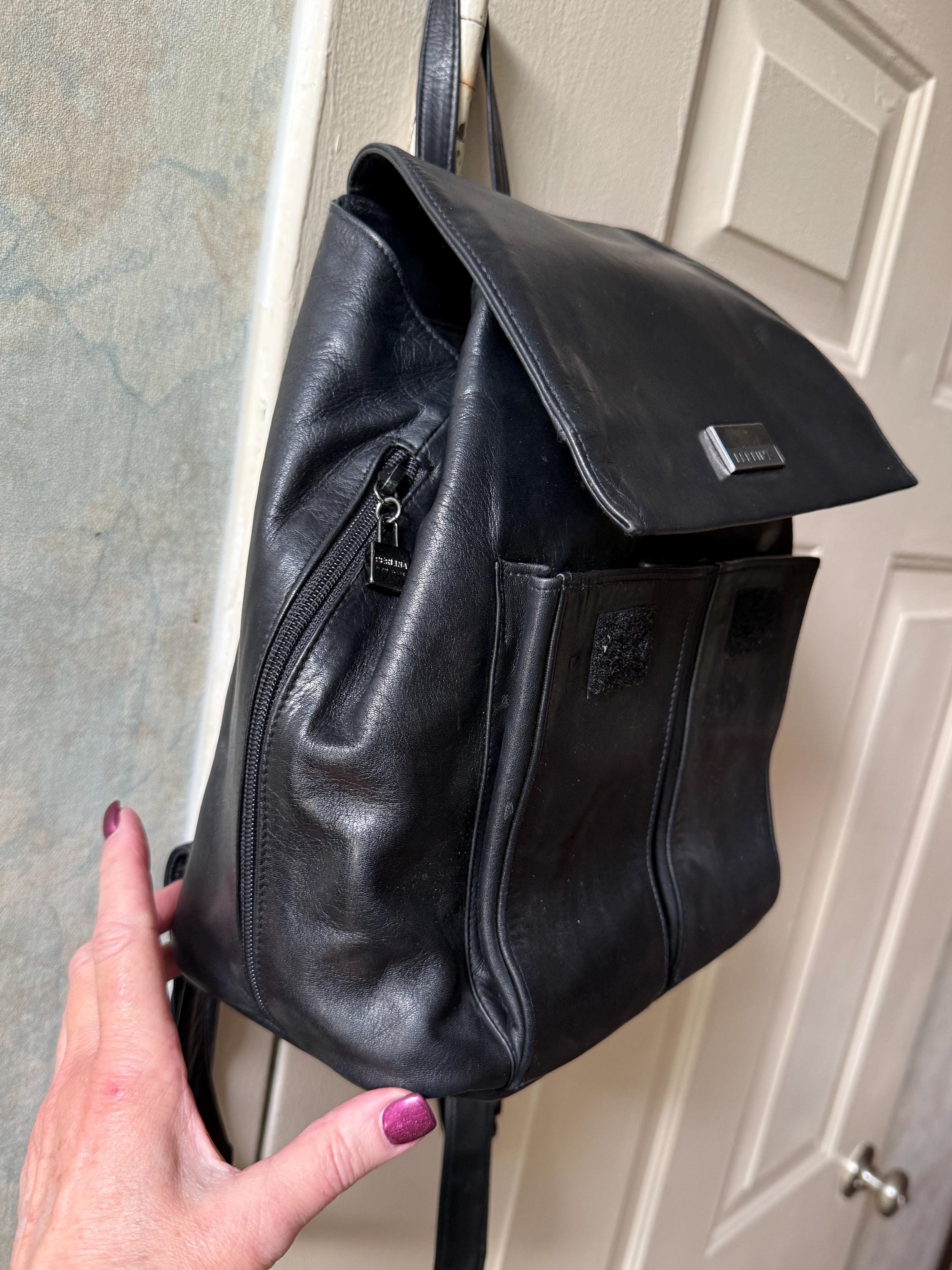 Vintage Perlina Black Leather Book Bag, Perlina Black 