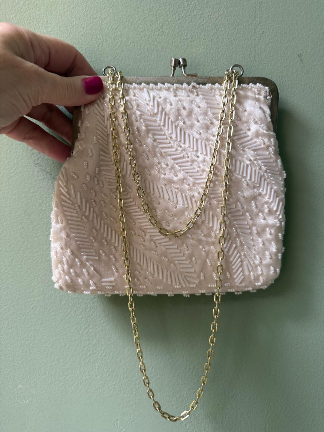 Cream Bead Detail Woven Snap Closure Handbag main image 0