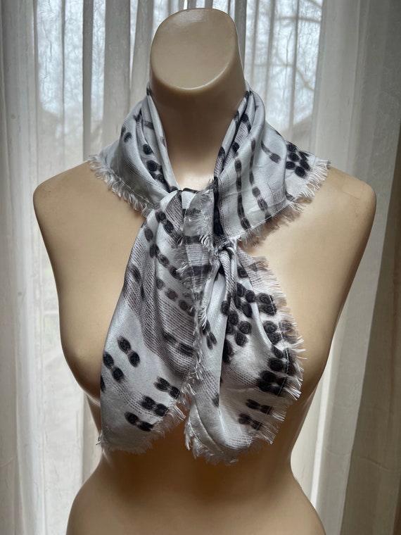 Vintage ivory grey batik look silk scarf, 25x25" f