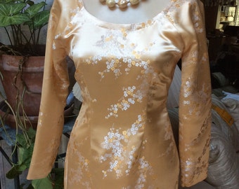 Vintage Asian look golden woven fabric tunic dress, XS size 1/2 Oriental look fitted long sleeve tunic dress, Asian look golden dress/top 0