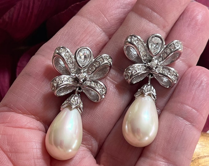 Vintage Christian Dior Crystal Pearl Wedding Earrings, Bride's Dior
