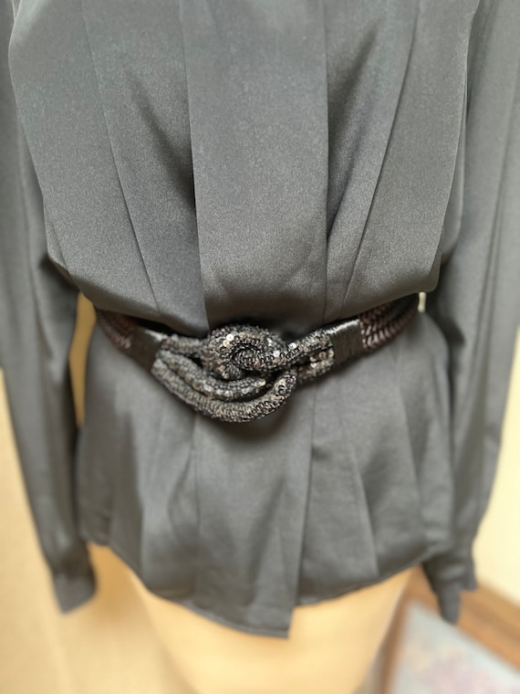 Vintage black sequined knotted fiber dressy belt,… - image 5