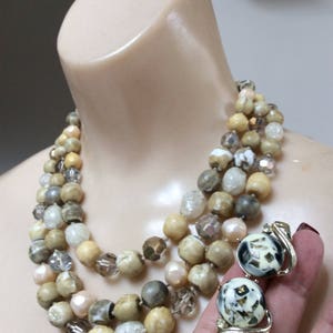 Vintage retro 3 strand beige grey bead necklace, multi beads neutral colors triple strand necklace clip earrings, Coro clip earrings