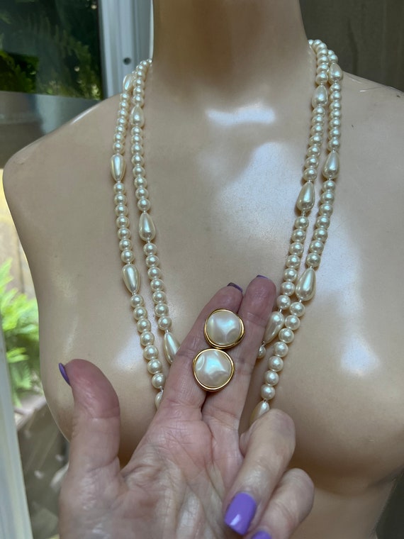 Vintage 52" faux pearl necklace Monet clip earring