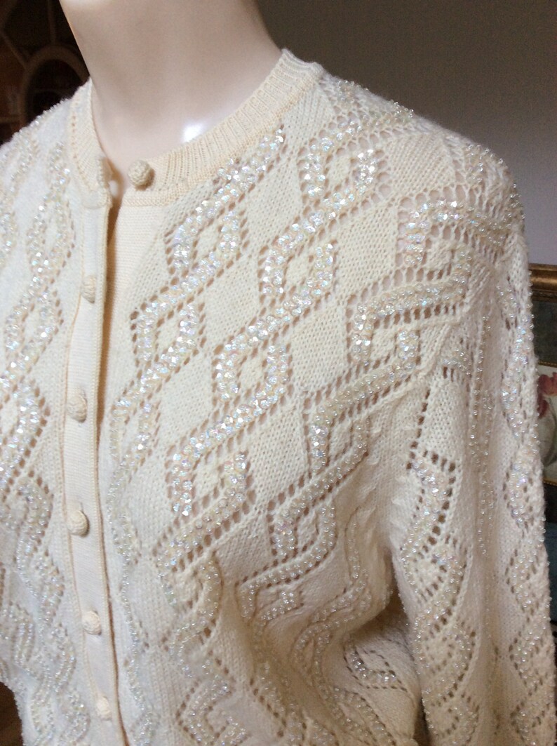 Vintage golden beige sequined cardigan sweater open weave | Etsy