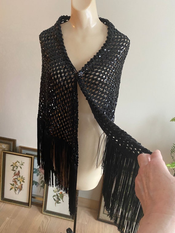 Vintage dramatic black fringed sequined shawl, bl… - image 9