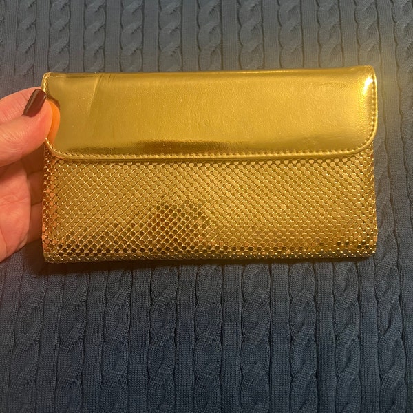 Vintage Whiting & Davis gold metal mesh wallet clutch, gold metal mesh leather wallet clutch, dressy metal mesh WD clutch