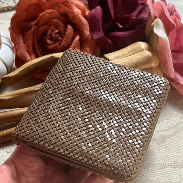 Vintage taupe gold metal mesh leather wallet, Whiting Davis tan/gold metal mesh leather wallet, woman's metal mesh W&D leather dressy wallet