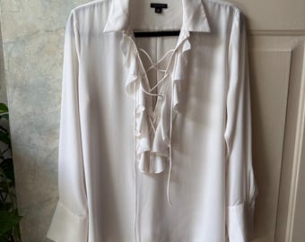 Vintage off white pirate style ruffled shirt M, white ruffled Ann Taylor poets blouse M, ruffled/tied deep cuffs tunic style blouse M