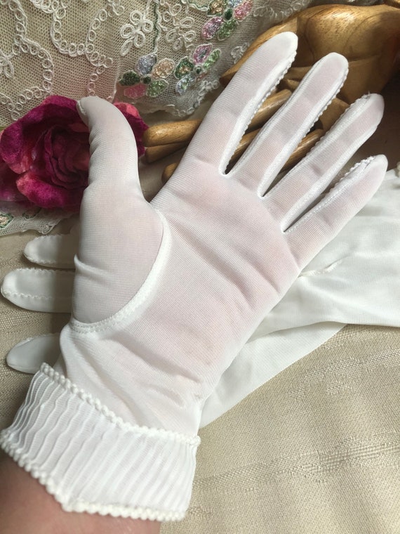 Vintage ivory semi sheer nylon bride's gloves, tu… - image 4