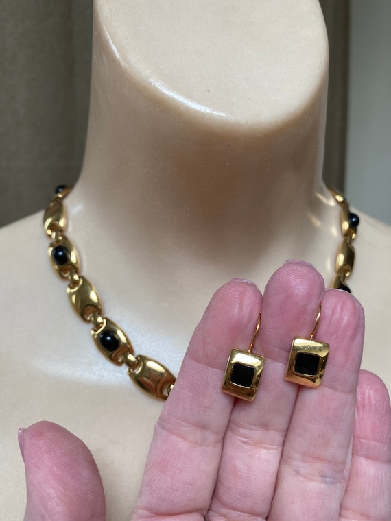 Vintage black gold necklace earrings set, Monet bl