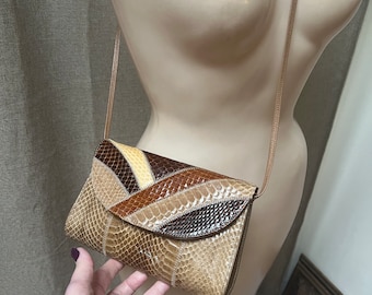 Vintage Palizzio multi color small snake skin purse, tan/brown snakeskin patch small purse, hard shaped snake skin occasional bag