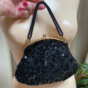 Vintage black sequins fabric pouch bag, etched frame black pouch evening purse, retro black sequins fabric handbag, black formal pouch bag