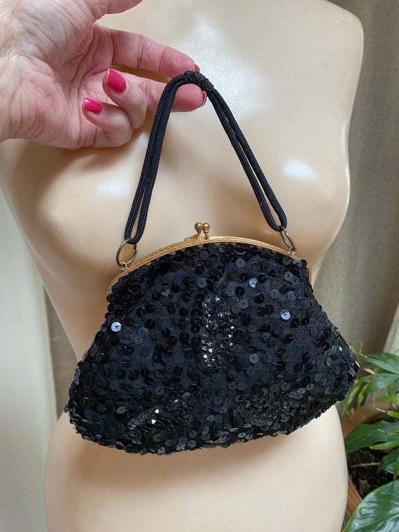 Vintage black sequins fabric pouch bag, etched fr… - image 1