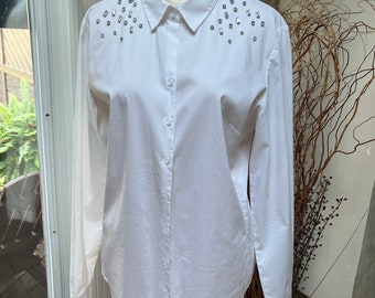 Vintage white cotton blend jeweled blouse S/M, white cotton stretch crystal detail shirt M, classic white shirt with bling M, easy care top