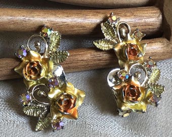 Vintage yellow roses AB crystals climber clip earrings, spring yellow roses climbing clip earrings, yellow flowers sculpted clip earrings