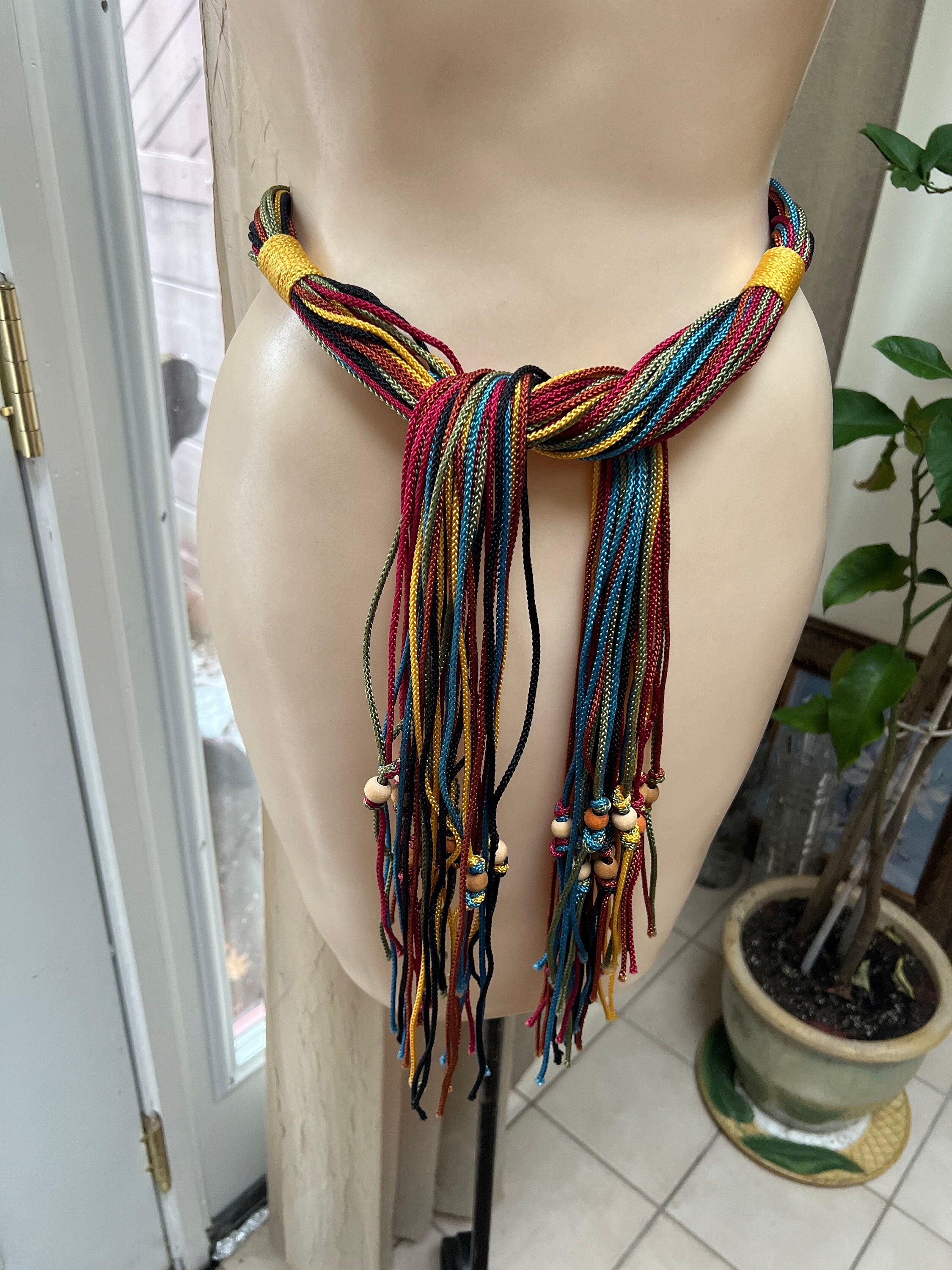 Vintage Boho Multi Color Cord Tie Belt, Bright Colors Cords  display picture 1