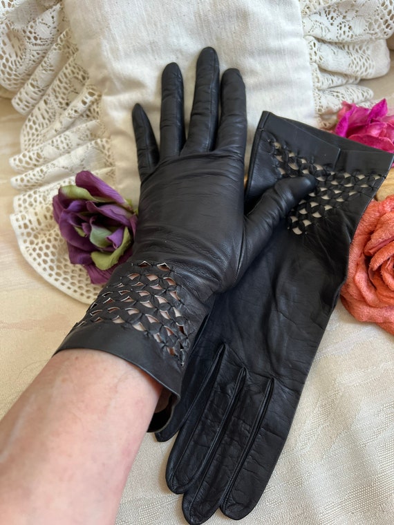 Vintage Black Leather Above Wrist Cut Work Gloves S, Made France