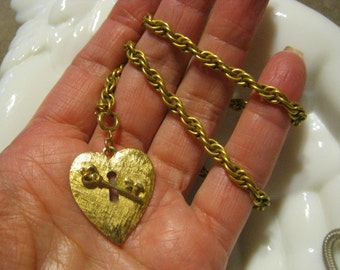 Vintage brushed golden heart pendant,  lock and key motif heart pendant, heart pendant on spring clasp with chain necklace