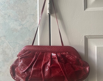 Vintage rich red snake skin leather soft clutch handbag, red genuine snake skin clutch/strap purse, red large snake skin clutch purse