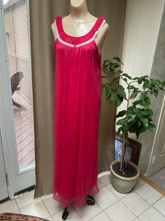 Vintage midcentury long red nylon night gown S, s… - image 2