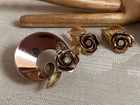 Vintage Coro Roses Pin Earrings Set, Coro Flower Brooch 