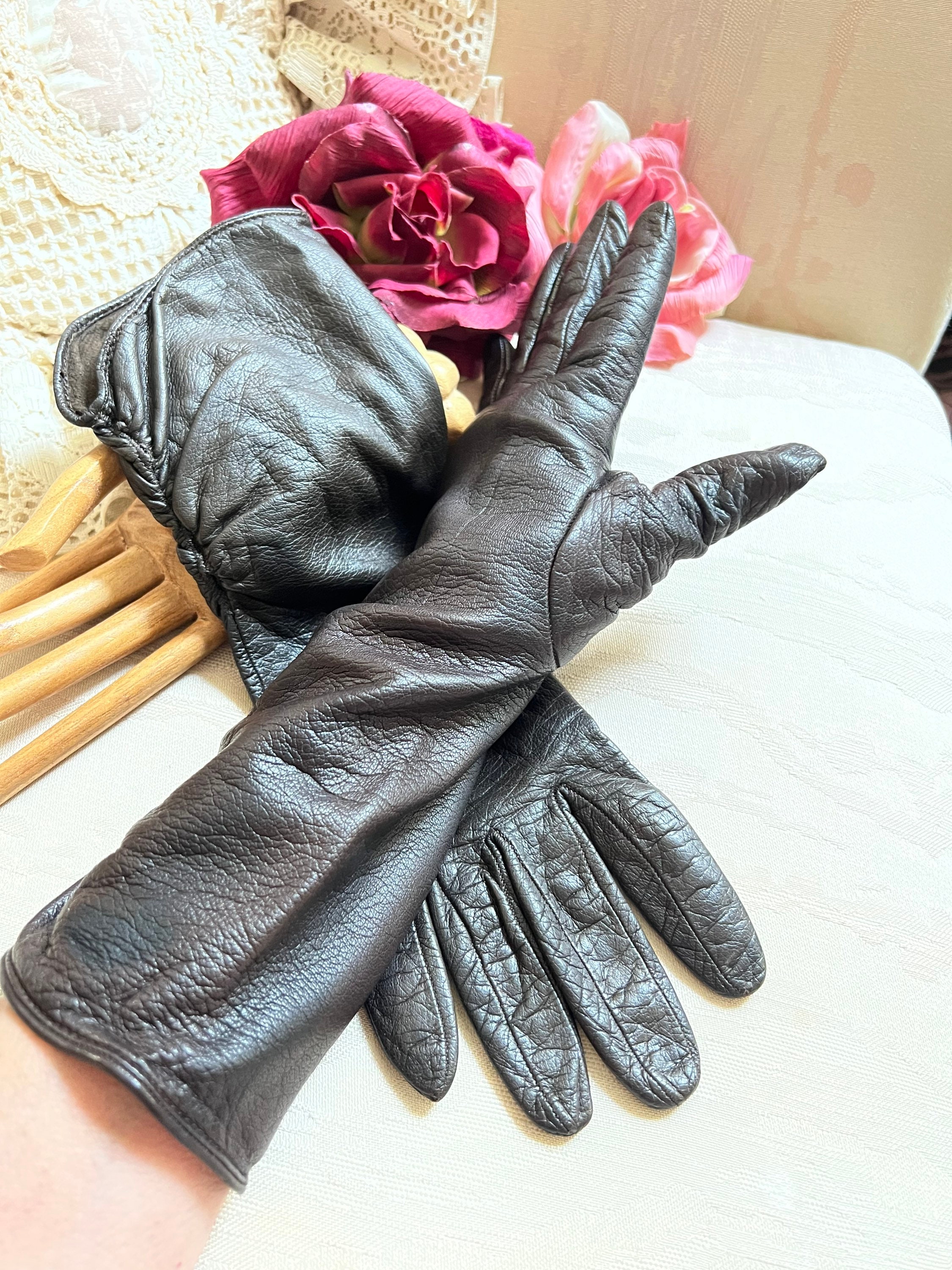 Vintage Dark Brown Leather GUCCI Mid Arm Gloves 7.5 - 8, Ruched