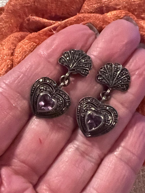 Vintage small sterling marcasite amethyst heart e… - image 5