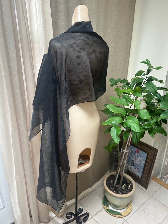 Vintage sheer black embossed Echo shoulder wrap, … - image 3