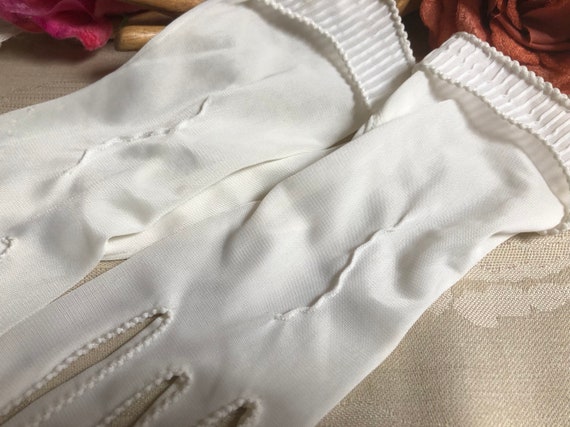 Vintage ivory semi sheer nylon bride's gloves, tu… - image 10