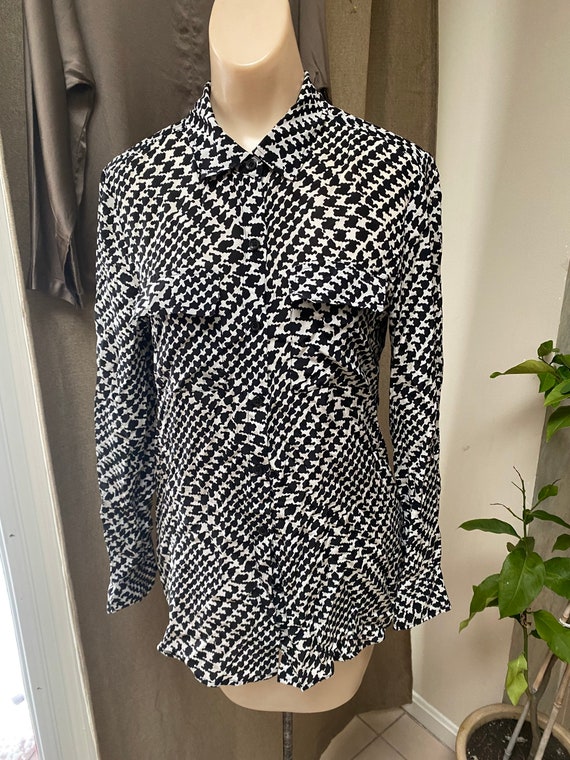 Vintage black white checked silk long sleeve blou… - image 1