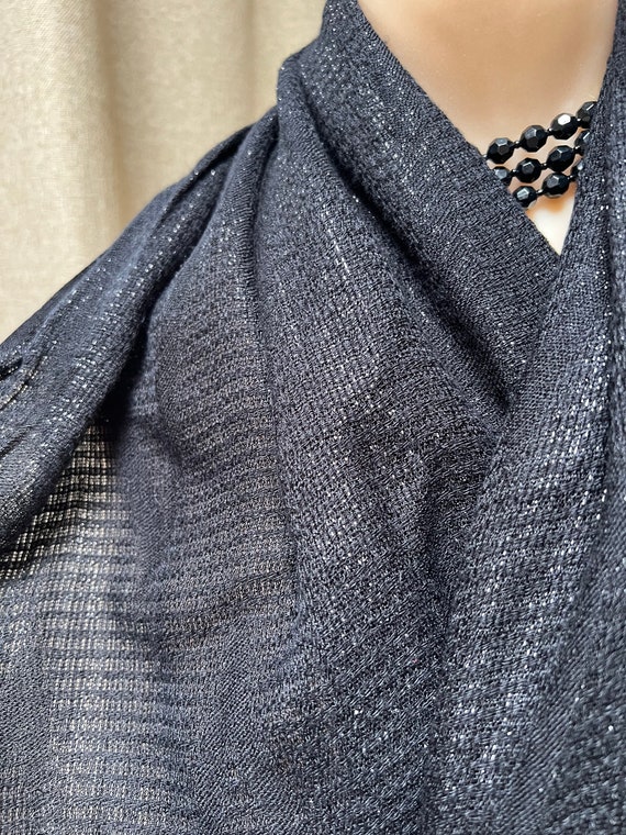 Vintage black woven oversized shawl wrap, tiny gl… - image 5